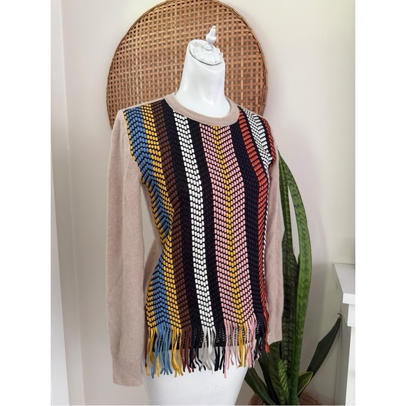 Tory Burch Womens XXS Beige Multicolor Chevron Fringe Knit Wool Cashmere Sweater - Picture 2 of 10